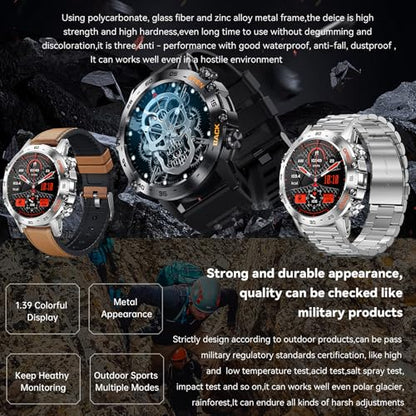 Military Smart Watch for Men(Make/Answer Call), 1.39" HD Bluetooth Tactical Fitness Tracker Smartwatch for Android iOS Phones, Outdoor 5ATM Waterproof Digital Watches Step Counter, 3 Straps (Silver)