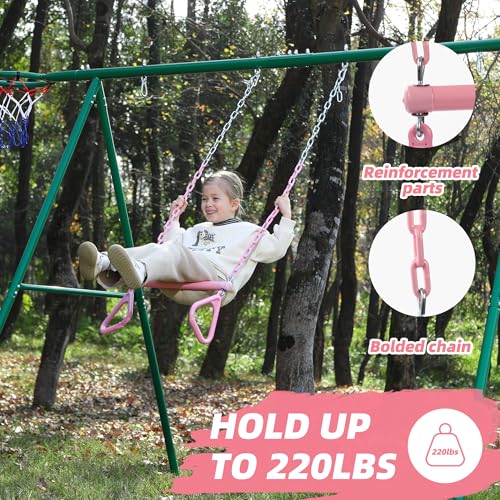 18" Pink Trapeze Swing Bar Rings 48" Heavy Duty Plastic Coated Chains Swing Set Accessories - color: Pink