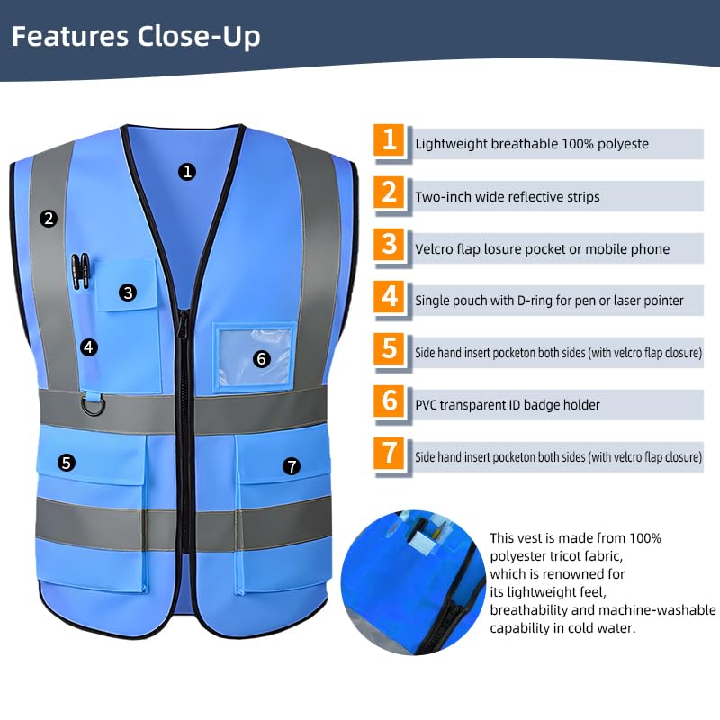 High Visibility Safety Vest with Reflective Strips & Pockets - color: Blue, size: Small