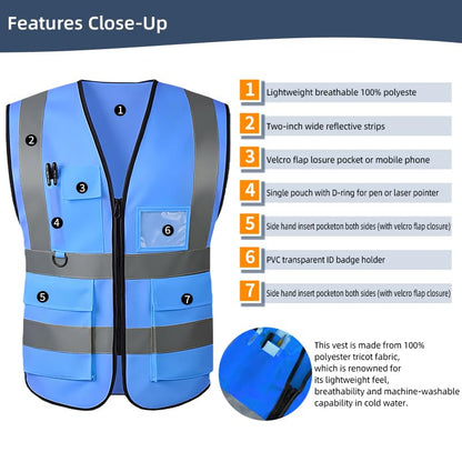 High Visibility Safety Vest with Reflective Strips & Pockets - color: Blue, size: Small