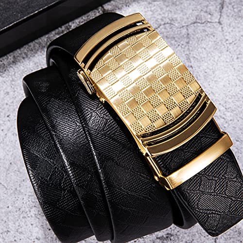 Dubulle Mens Ratchet Belt Gold Click Buckle Adjustable Leather Belts - color: Gold Plaid, size: Adjustable from 24" to 38" Waist