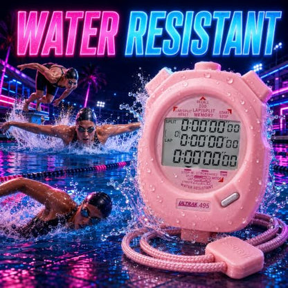 ULTRAK 495 Stopwatch – Pink Professional 100-Lap Digital Timer, Countdown Interval Tracker, Water-Resistant Sports Watch, Chronograph for Coaching & Training - color: Pink