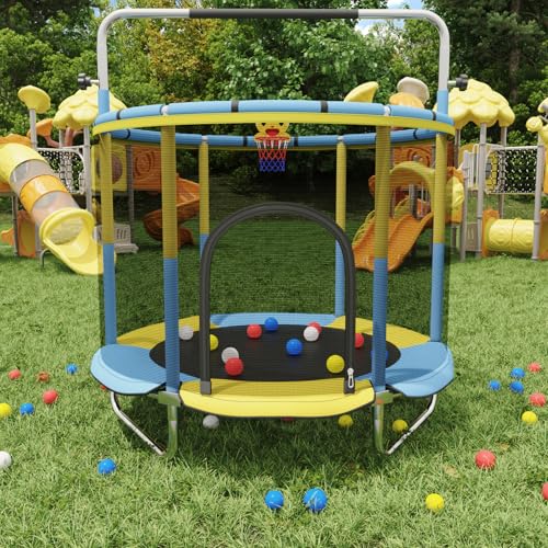 60" Toddler Trampoline for Age 2-4, 5ft Mini Kids Trampoline Indoor with Basketball Ball Adjustable Gymnastics Bar & Toys Swing Enclosure Net for Backyard ASTM Approved - color: Blue&Yellow