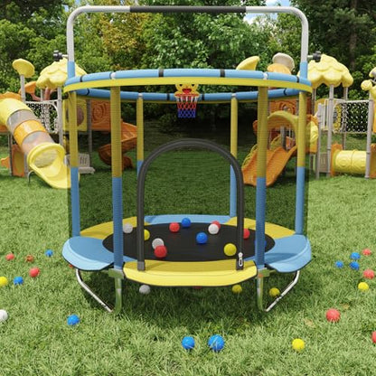 60" Toddler Trampoline for Age 2-4, 5ft Mini Kids Trampoline Indoor with Basketball Ball Adjustable Gymnastics Bar & Toys Swing Enclosure Net for Backyard ASTM Approved - color: Blue&Yellow