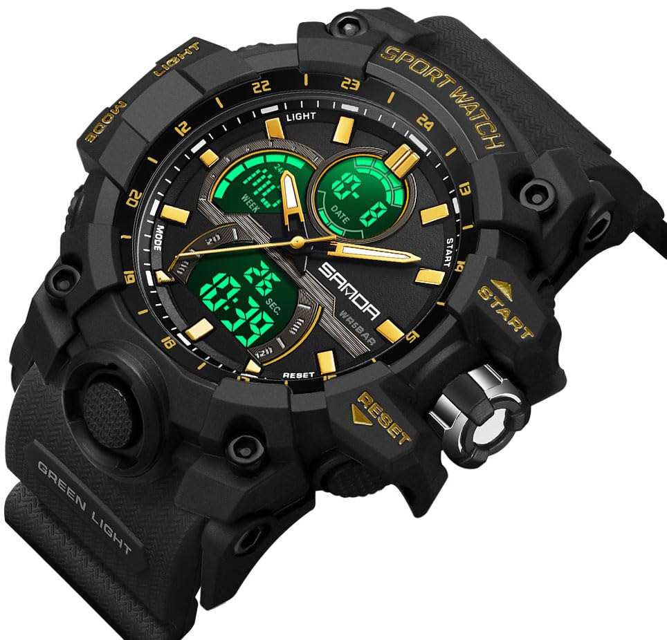 FANMIS Men Sports Outdoor Watch Analog Digital Multifunctional Black Watch - color: Y Black Gold
