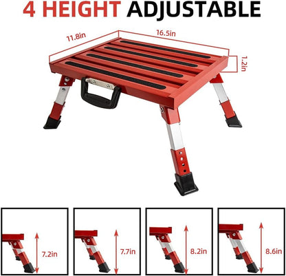 Homeon Wheels Adjustable RV Step Stool, Folding Aluminum Platform, Red - color: Red