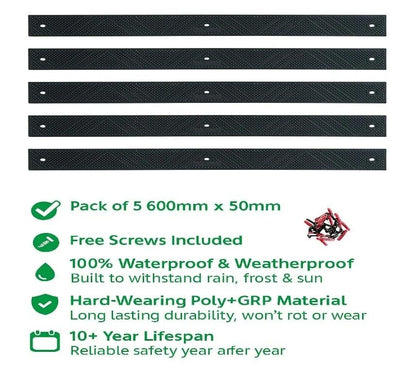 5 Pack 24" x 2" (600mm x 50mm) Non-Slip Decking Strips | Hard Wearing Polypropylene with Fixings | Outdoor Safety for Decks, Steps & Ramps | 10+ Year Lifespan (Black) - color: Black