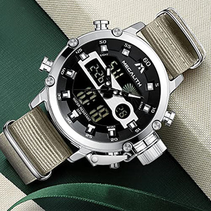 MEGALITH Mens Watches Waterproof Digital Military Sport Tactical Multifunction Heavy Duty Led Rugged Watch for Men, Alarm Stopwatch, Nylon/Leather Strap - color: 8-Khaki