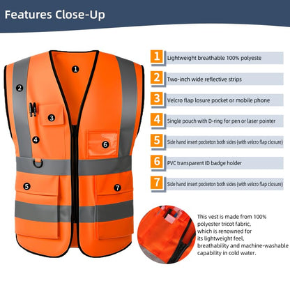 High Visibility Safety Vest with Reflective Strips & Pockets - color: Orange, size: 4X-Large