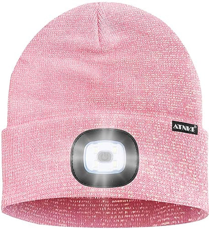 ATNKE LED Lighted Beanie Hat,USB Rechargeable 8 LED Red Glow Flashing Alarm Running Headlamp Cap Gifts for Men and Women - color: #Blended Pink Goldwire