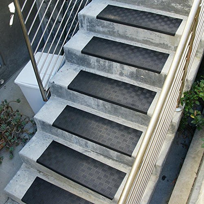 Rubber-Cal Diamond-Grip Recycled Rubber Step Mat - 9.75" x 29.75" inches - Black Stair Tread Mat - 6pack